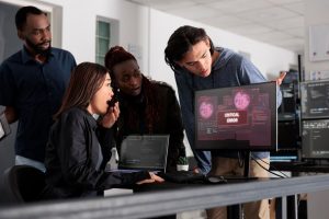 Business employees training for cyber threats, holding digital swords with strong passwords as shields.